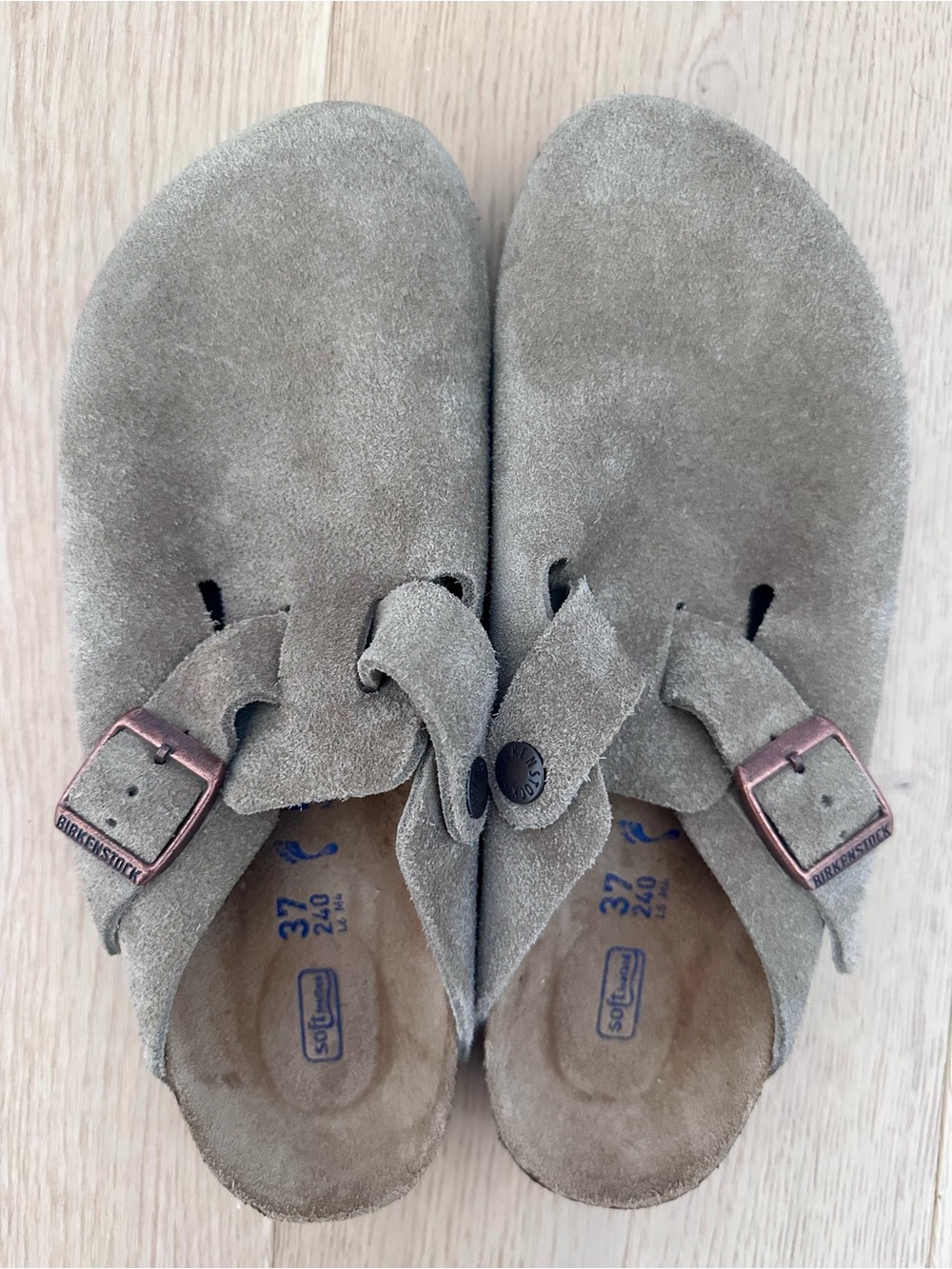 Birkenstock Women’s Suede Boston Soft Footbed in Taupe, Size 37